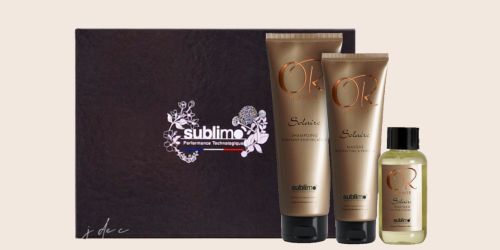 Trio de soins capillaires pour prot&eacute;ger du soleil, gamme solaire Or Infinite de Sublimo, pr&eacute;sent&eacute;e dans un joli coffret.